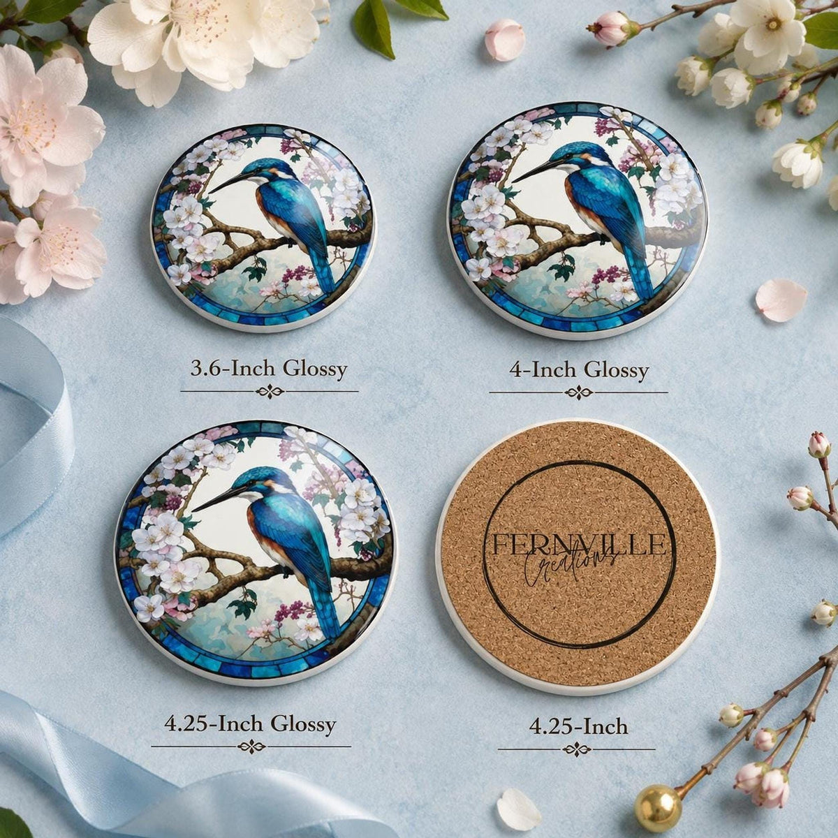 Nature Table Decor Kingfisher Ceramic Coaster, Floral Blue Bird Design