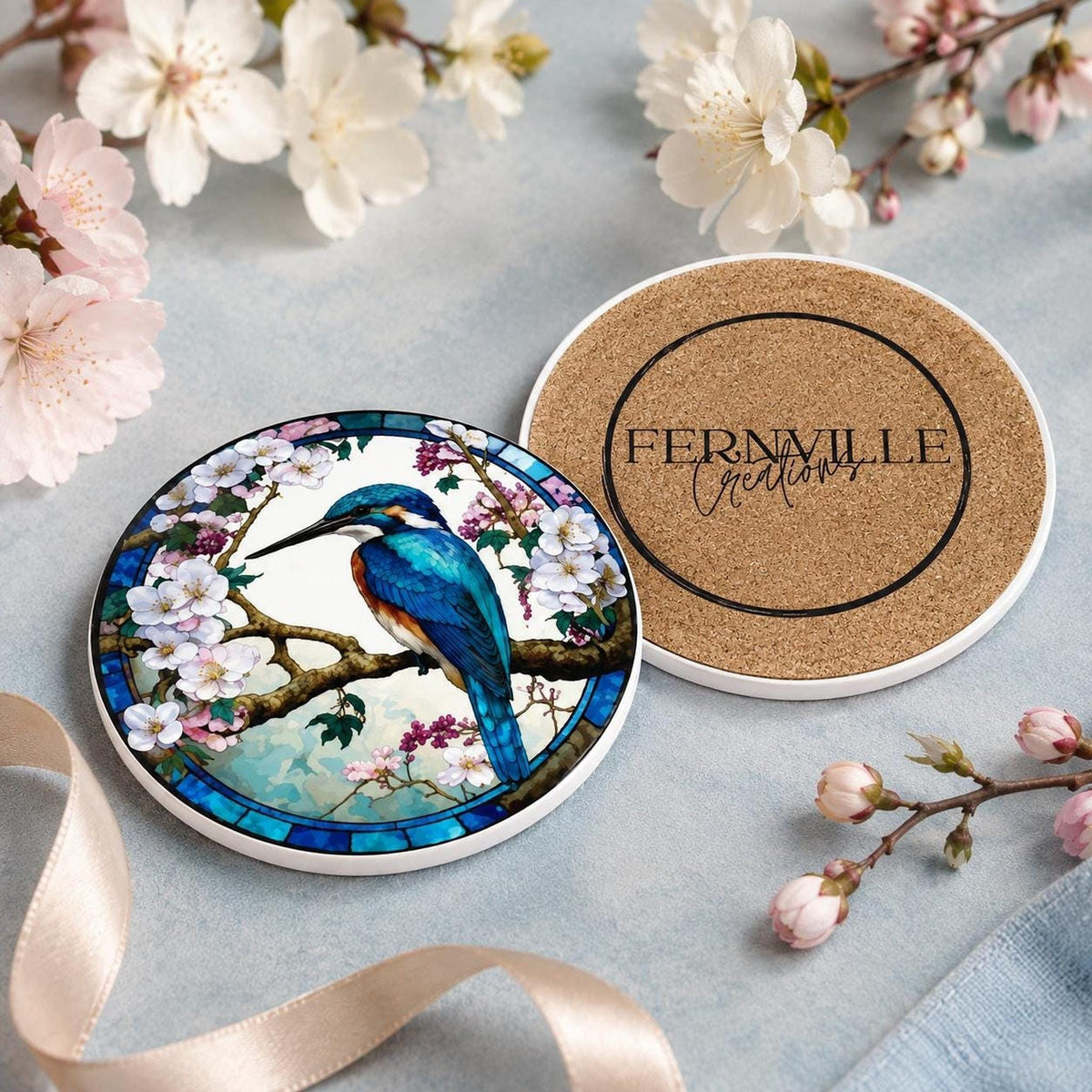 Nature Table Decor Kingfisher Ceramic Coaster, Floral Blue Bird Design