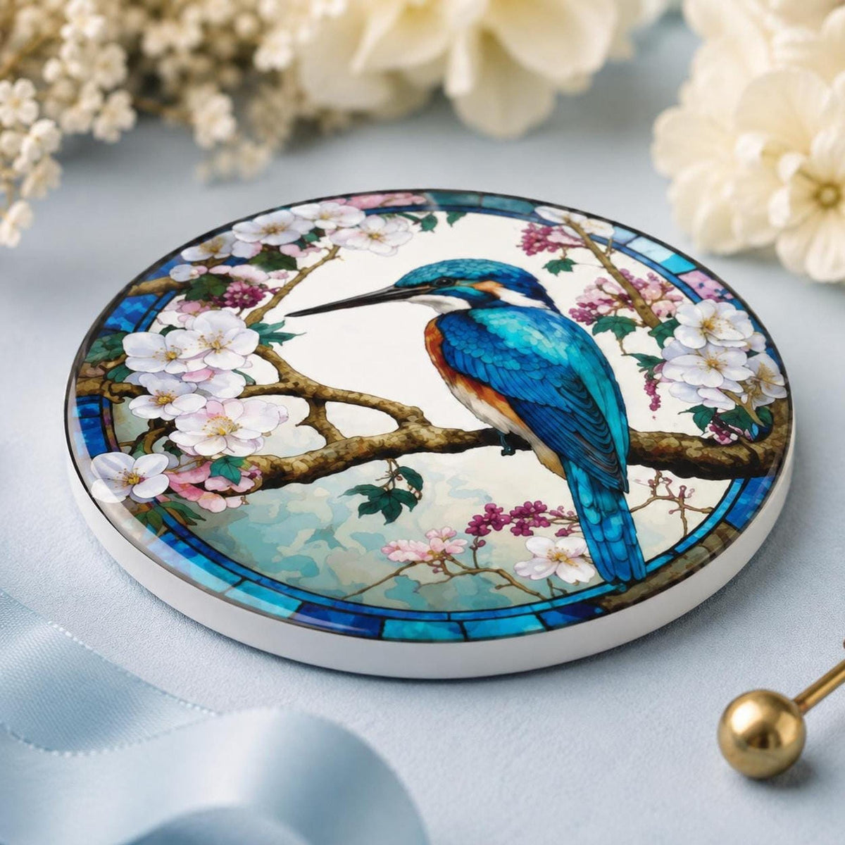 Nature Table Decor Kingfisher Ceramic Coaster, Floral Blue Bird Design