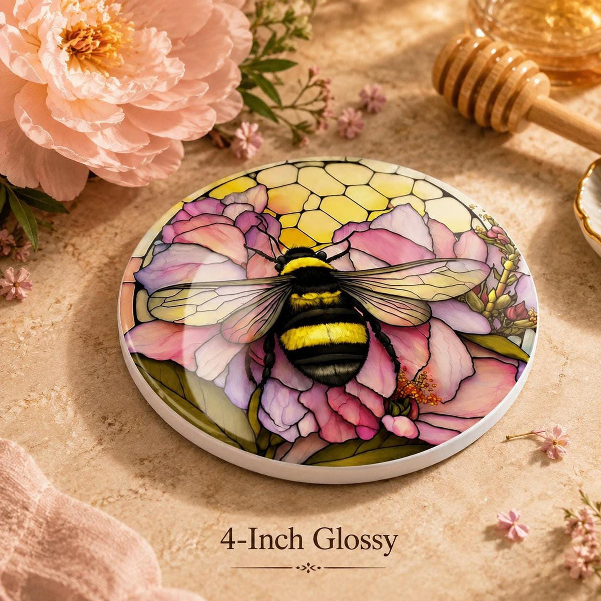 Bumblebee Coaster, Ceramic Pink Floral Decor with Natural Cork Backing