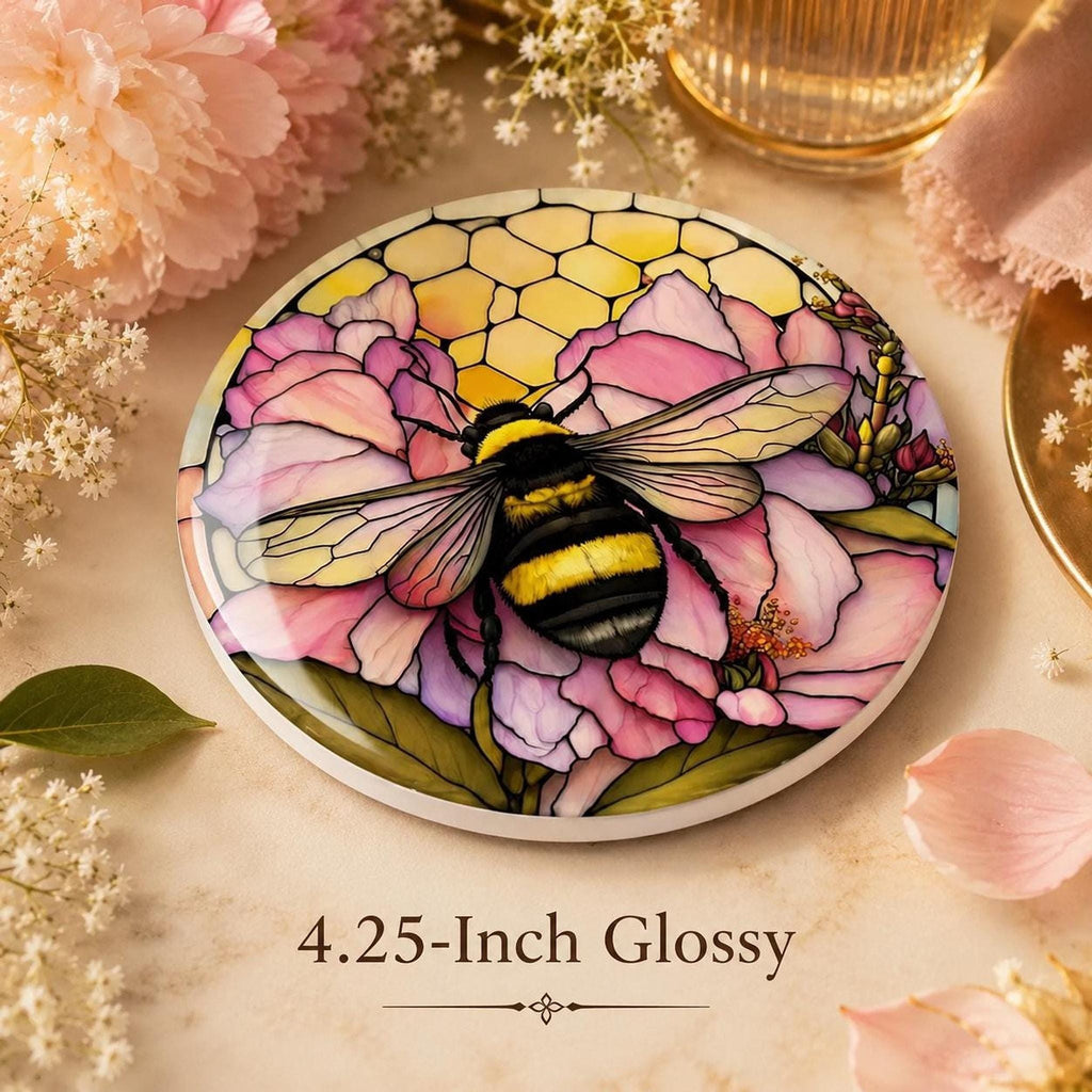 Bumblebee Coaster, Ceramic Pink Floral Decor with Natural Cork Backing
