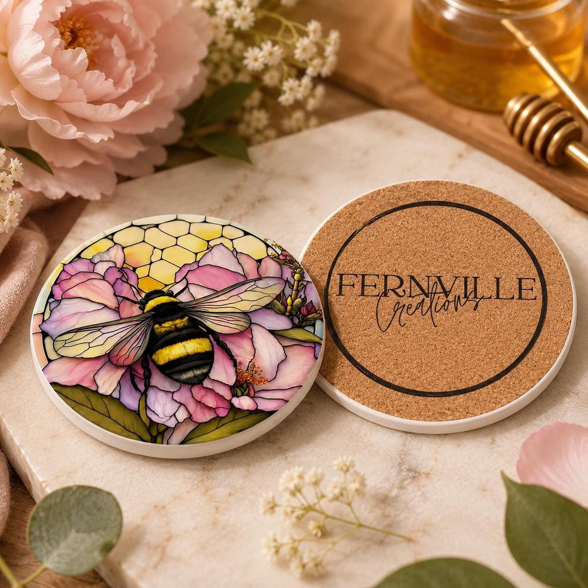 Bumblebee Coaster, Ceramic Pink Floral Decor with Natural Cork Backing