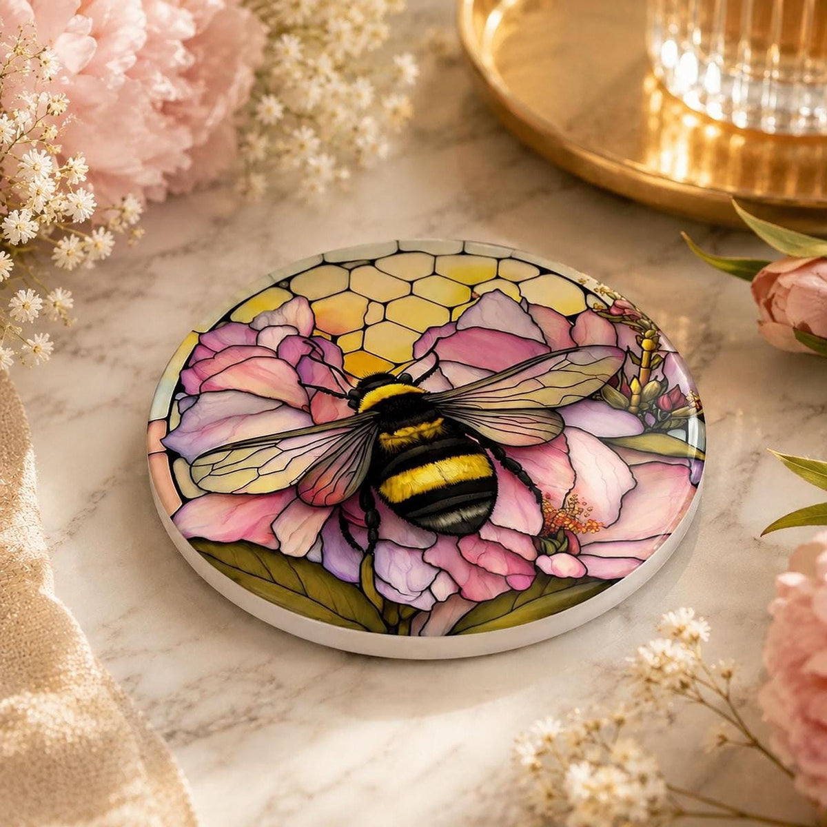 Bumblebee Coaster, Ceramic Pink Floral Decor with Natural Cork Backing