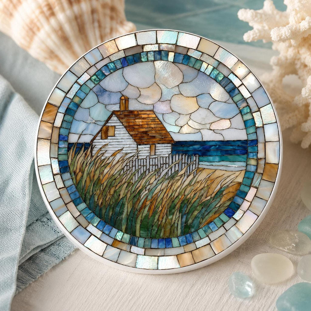 Coastal Coaster, Ceramic Round Accent with Seaside Cottage Artwork