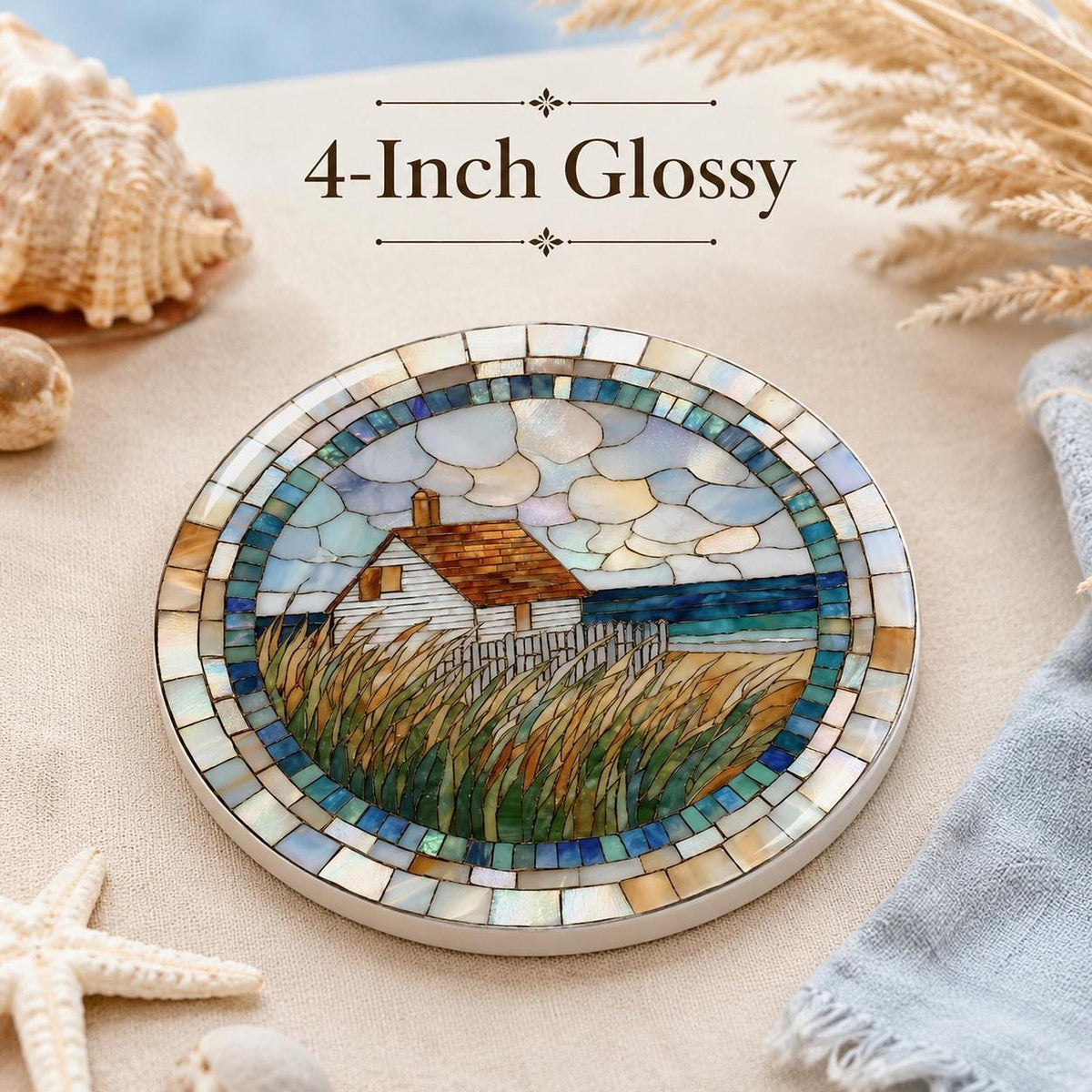 Coastal Coaster, Ceramic Round Accent with Seaside Cottage Artwork