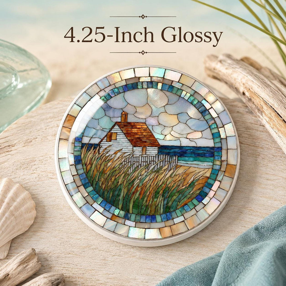 Coastal Coaster, Ceramic Round Accent with Seaside Cottage Artwork