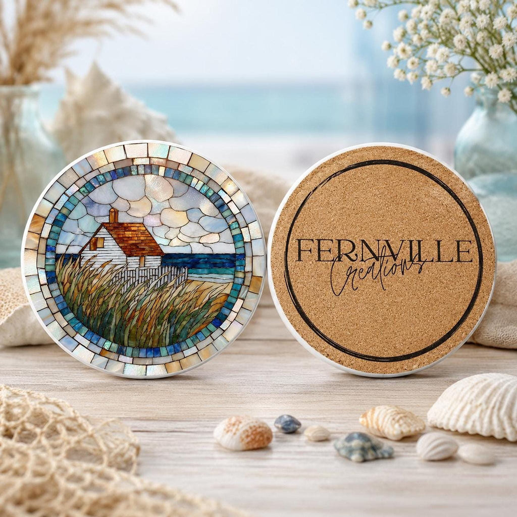 Coastal Coaster, Ceramic Round Accent with Seaside Cottage Artwork