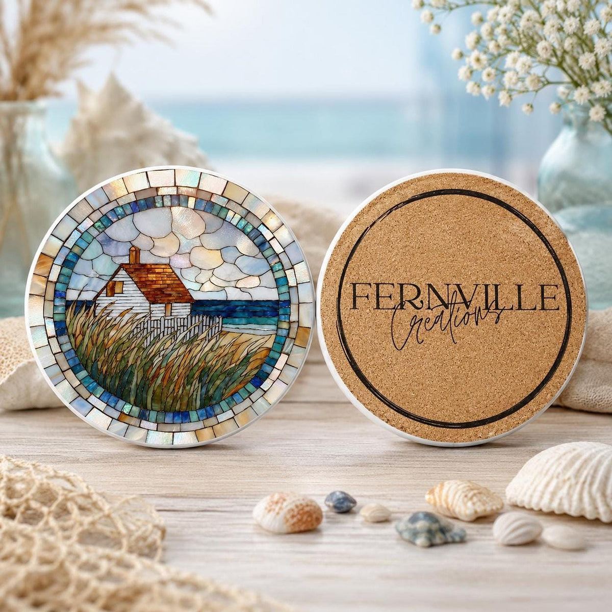 Coastal Coaster, Ceramic Round Accent with Seaside Cottage Artwork