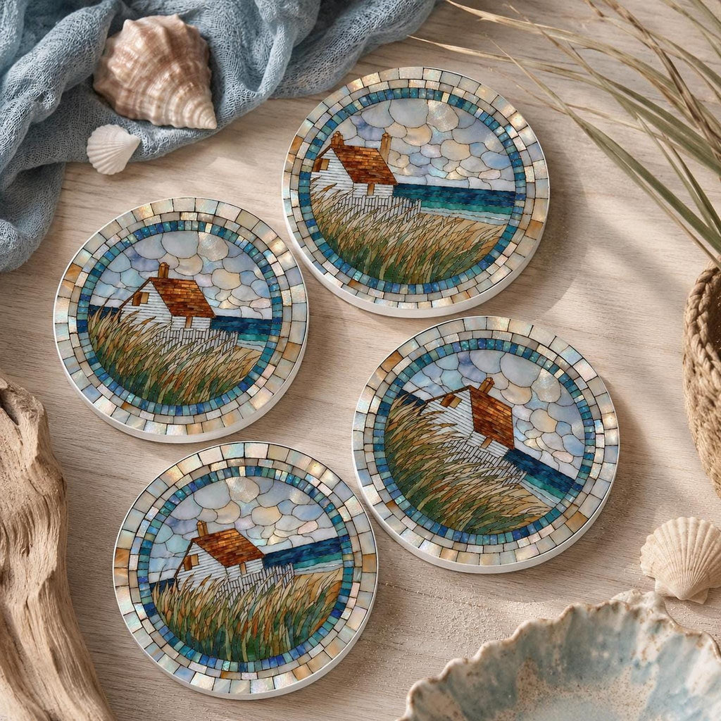 Coastal Coaster, Ceramic Round Accent with Seaside Cottage Artwork