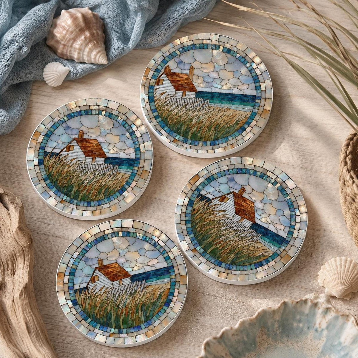 Coastal Coaster, Ceramic Round Accent with Seaside Cottage Artwork