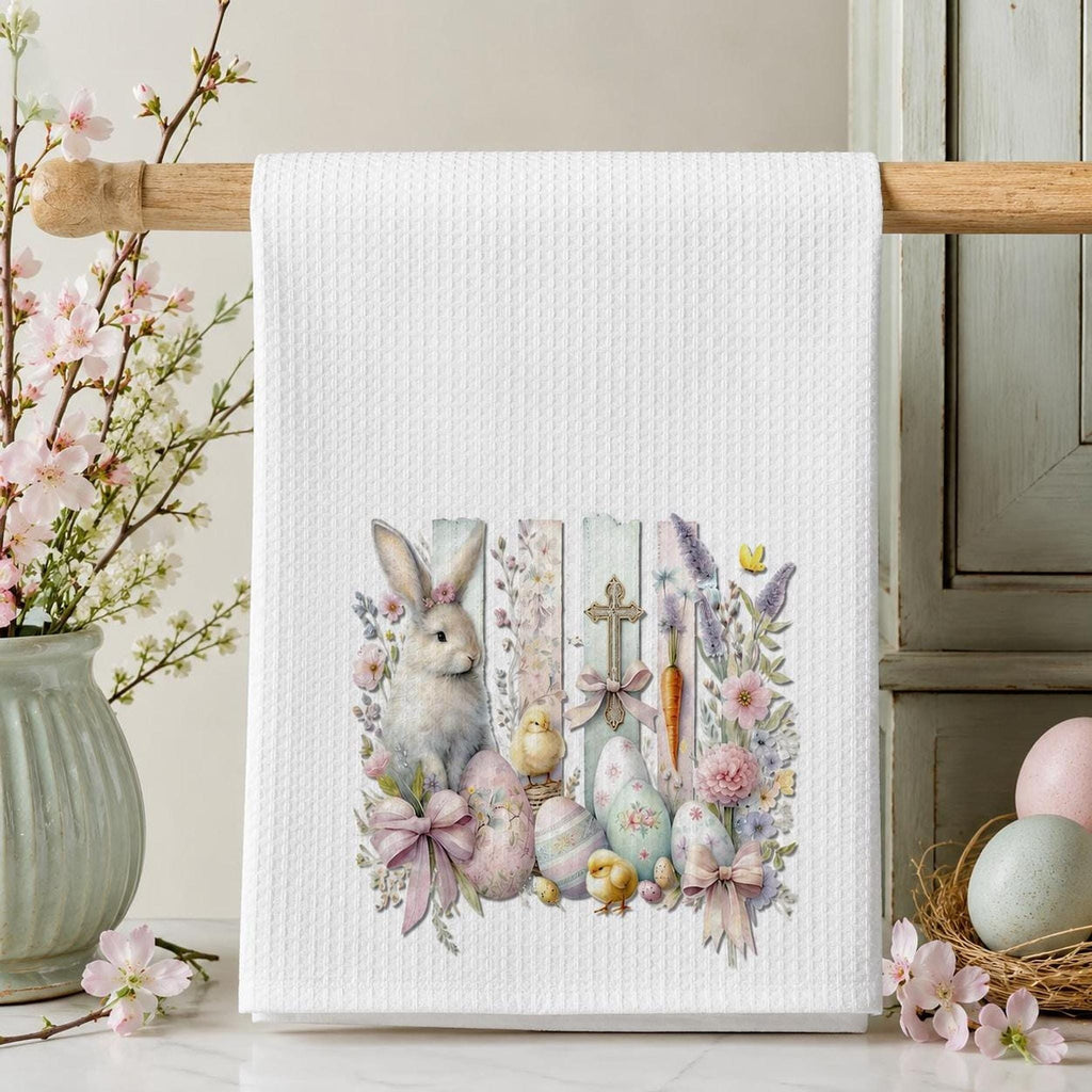 Easter Waffle Towel with Bunny Design, Pastel Egg Spring Decor