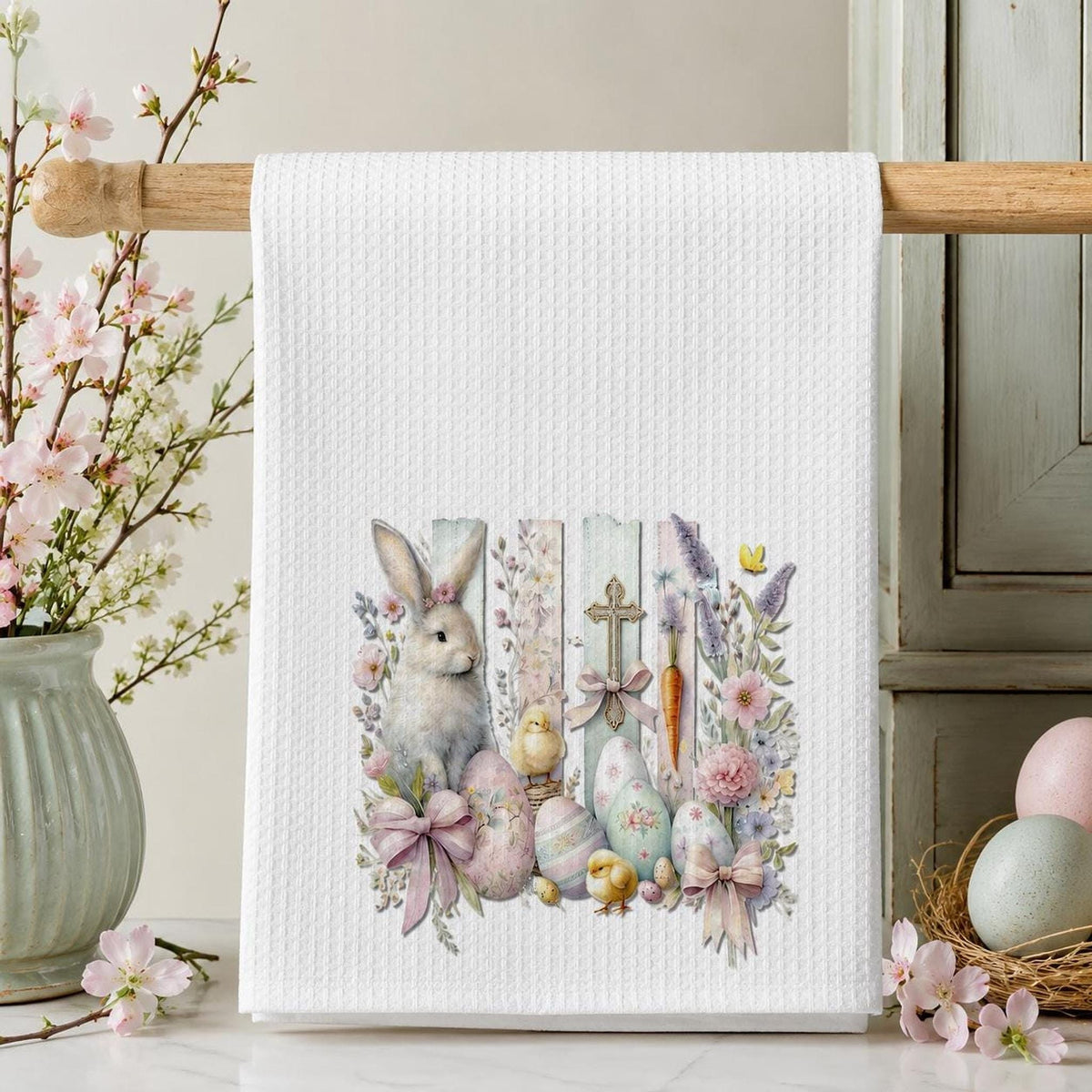 Easter Waffle Towel with Bunny Design, Pastel Egg Spring Decor