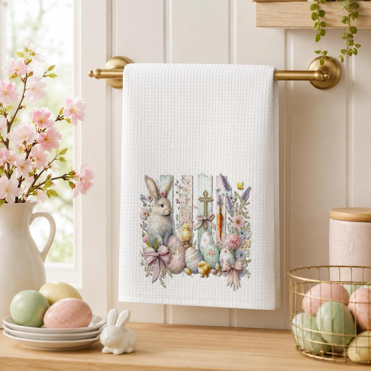 Easter Waffle Towel with Bunny Design, Pastel Egg Spring Decor