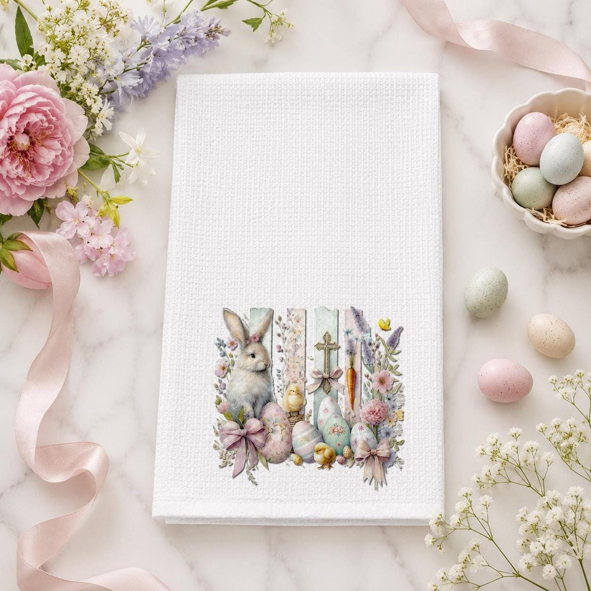 Easter Waffle Towel with Bunny Design, Pastel Egg Spring Decor