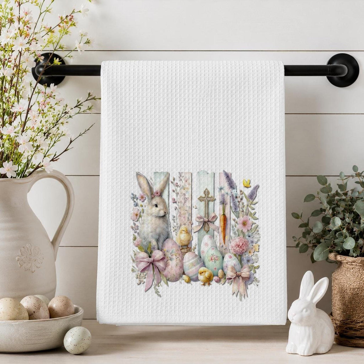 Easter Waffle Towel with Bunny Design, Pastel Egg Spring Decor