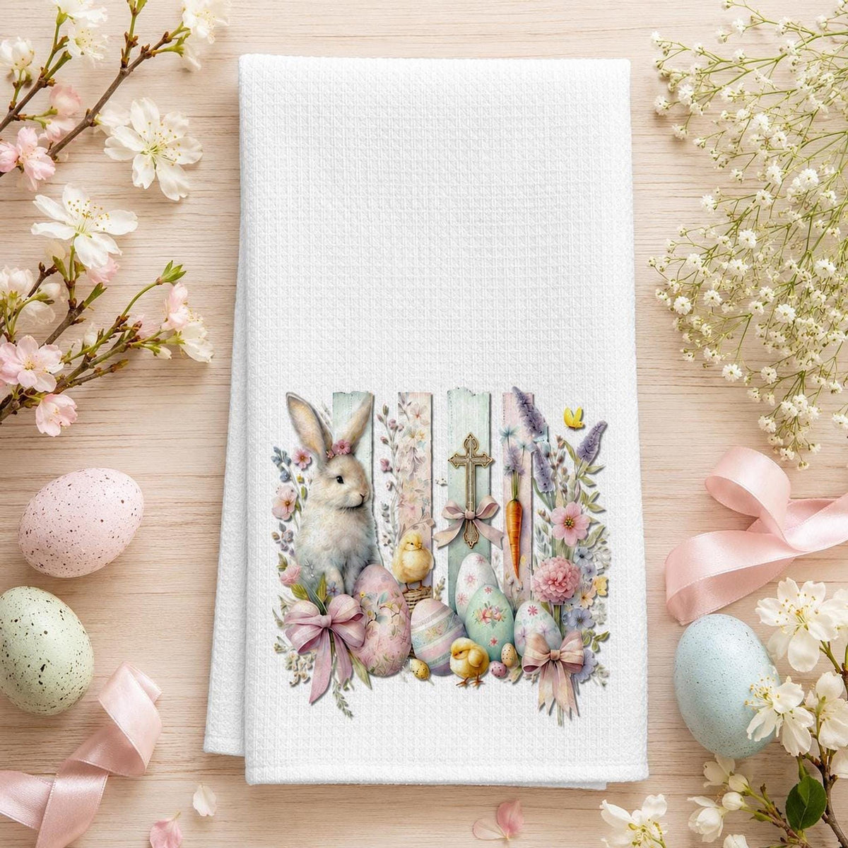 Easter Waffle Towel with Bunny Design, Pastel Egg Spring Decor