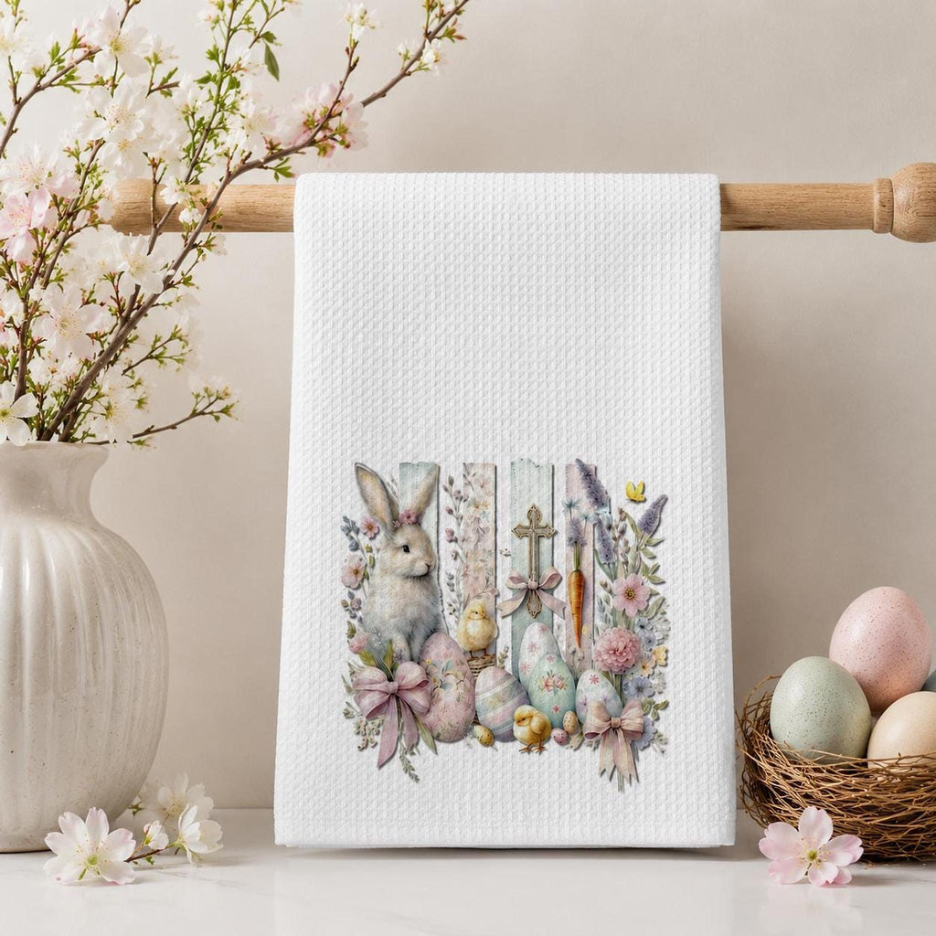 Easter Waffle Towel with Bunny Design, Pastel Egg Spring Decor