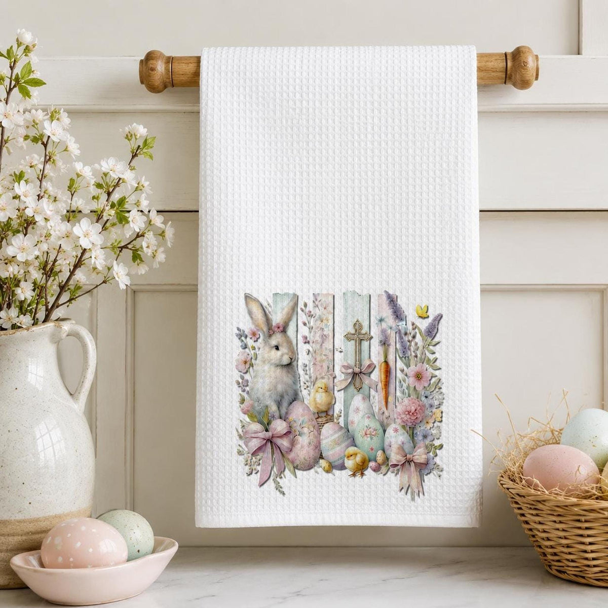 Easter Waffle Towel with Bunny Design, Pastel Egg Spring Decor