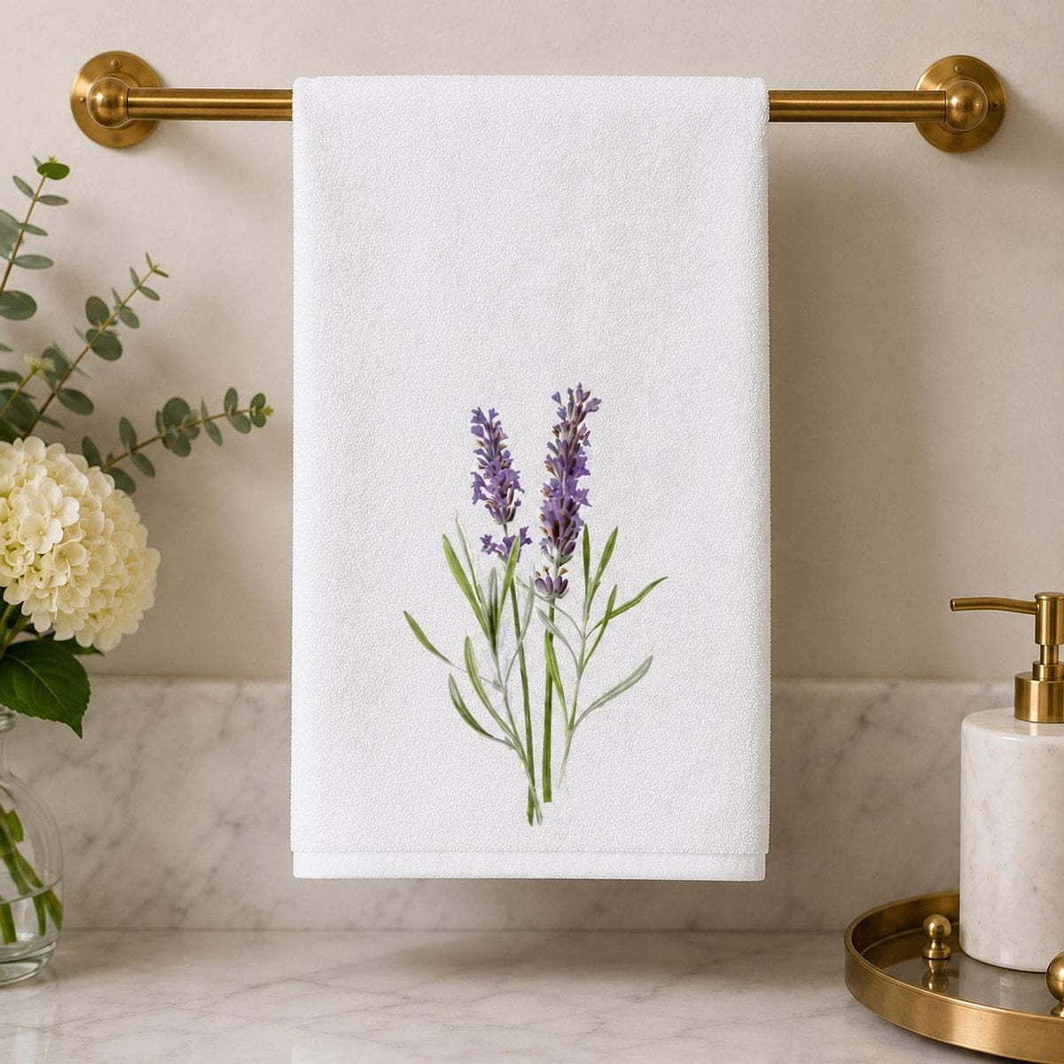 Lavender Hand Towel, 15 × 25 Inch Botanical Print with Cotton Terry Back