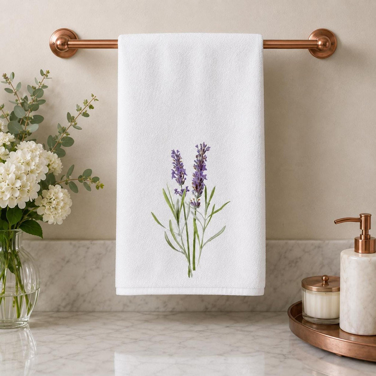 Lavender Hand Towel, 15 × 25 Inch Botanical Print with Cotton Terry Back