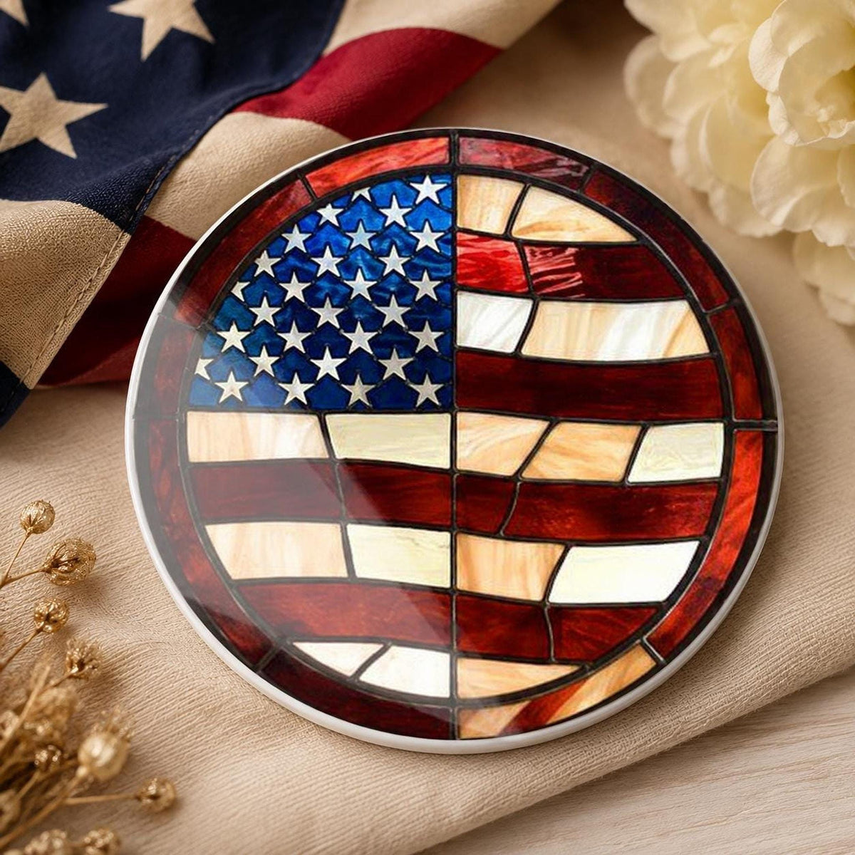 American Flag Ceramic Coaster, Patriotic Decor, Stars and Stripes Accent, USA Gift