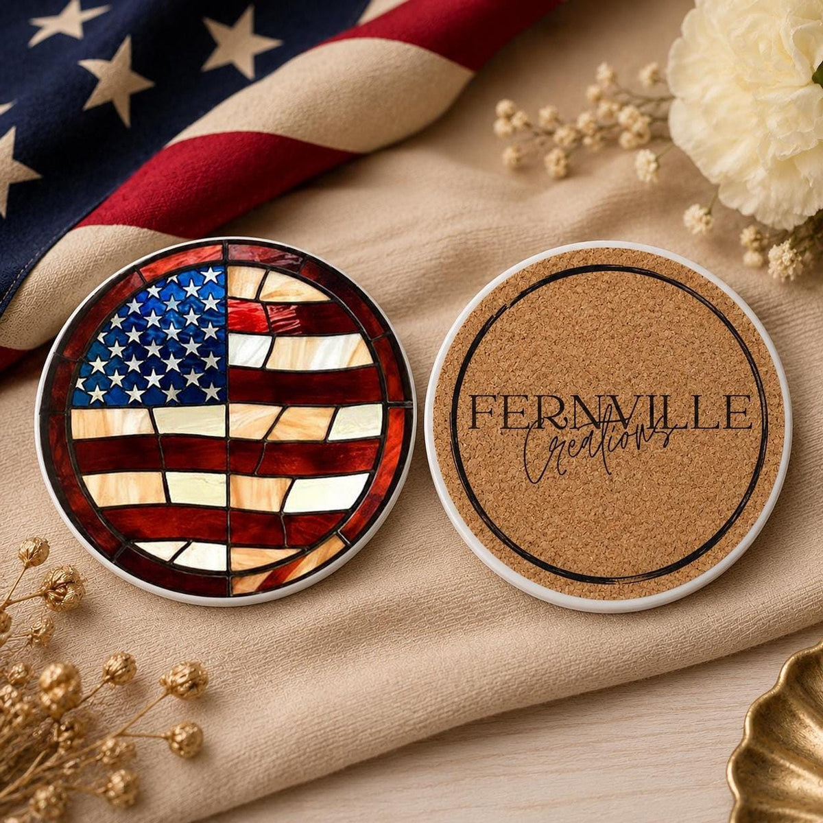 American Flag Ceramic Coaster, Patriotic Decor, Stars and Stripes Accent, USA Gift