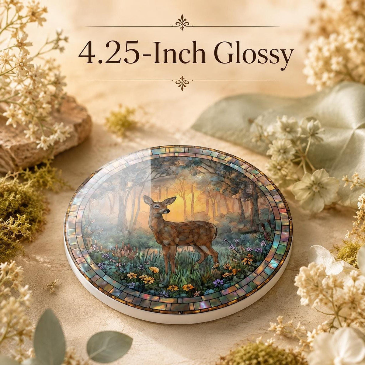 Deer Ceramic Coaster, Woodland Stained Glass Decor, Forest Wildlife Gift, Nature Home Accent