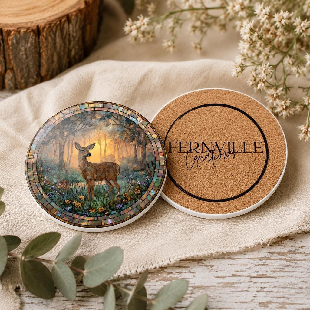 Deer Ceramic Coaster, Woodland Stained Glass Decor, Forest Wildlife Gift, Nature Home Accent