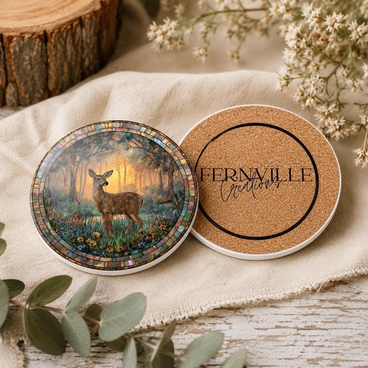 Deer Ceramic Coaster, Woodland Stained Glass Decor, Forest Wildlife Gift, Nature Home Accent
