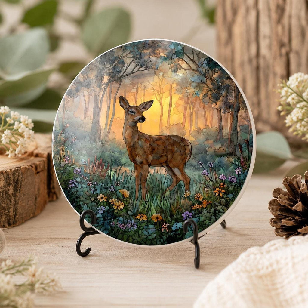 Deer Ceramic Coaster, Woodland Stained Glass Decor, Forest Wildlife Gift, Nature Home Accent