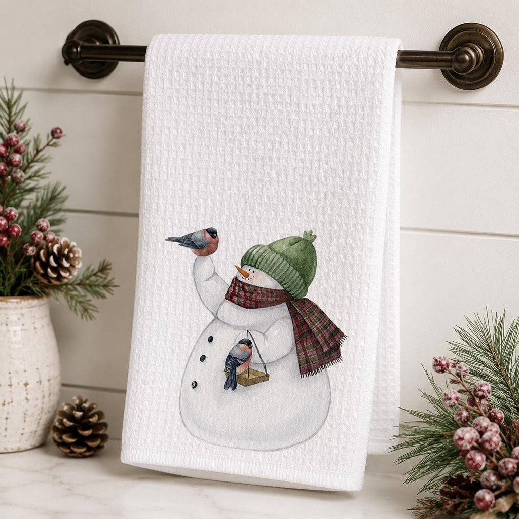 Snowman Kitchen Towel, Winter Bird Decor, Waffle Weave Dish Towel, Christmas Accent