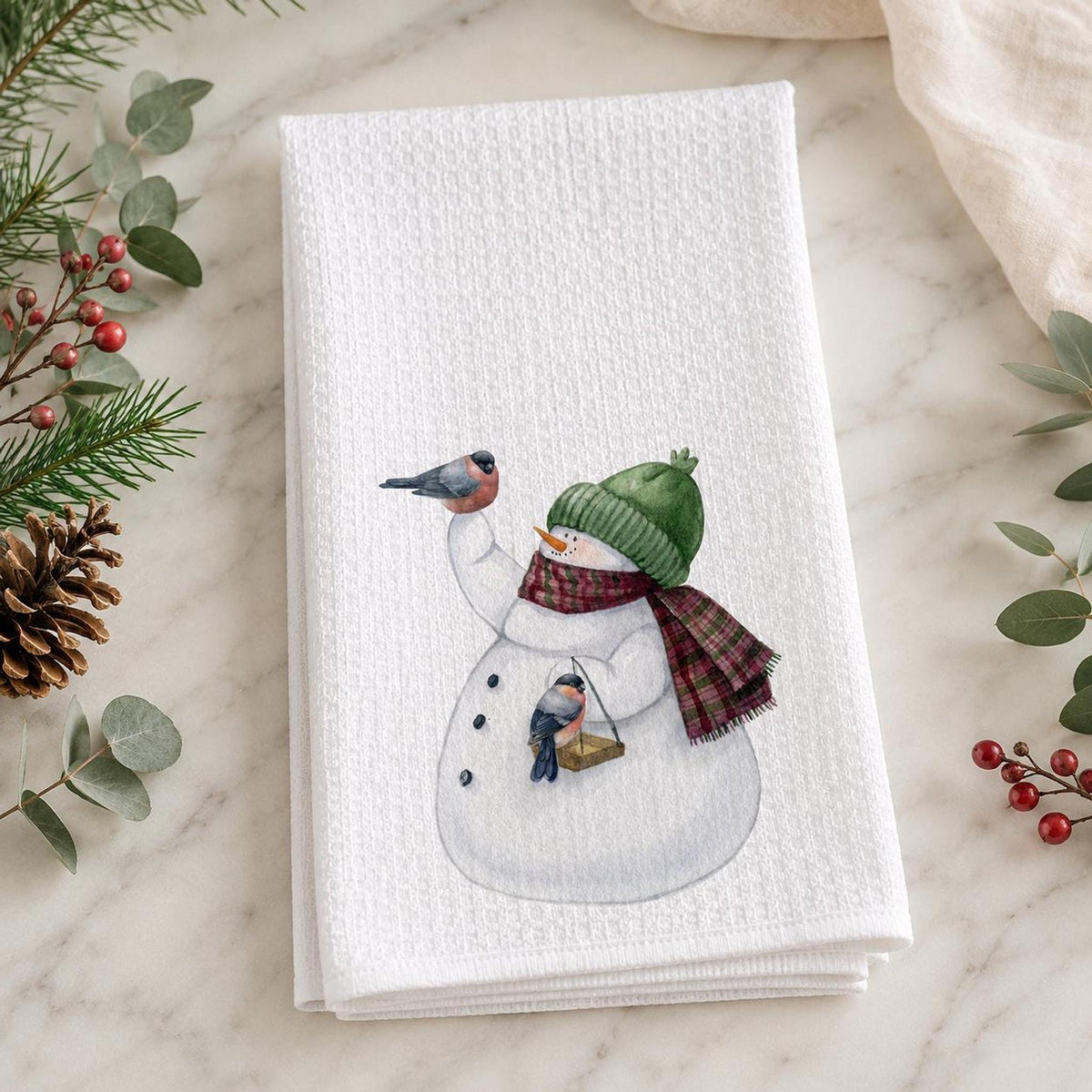 Snowman Kitchen Towel, Winter Bird Decor, Waffle Weave Dish Towel, Christmas Accent