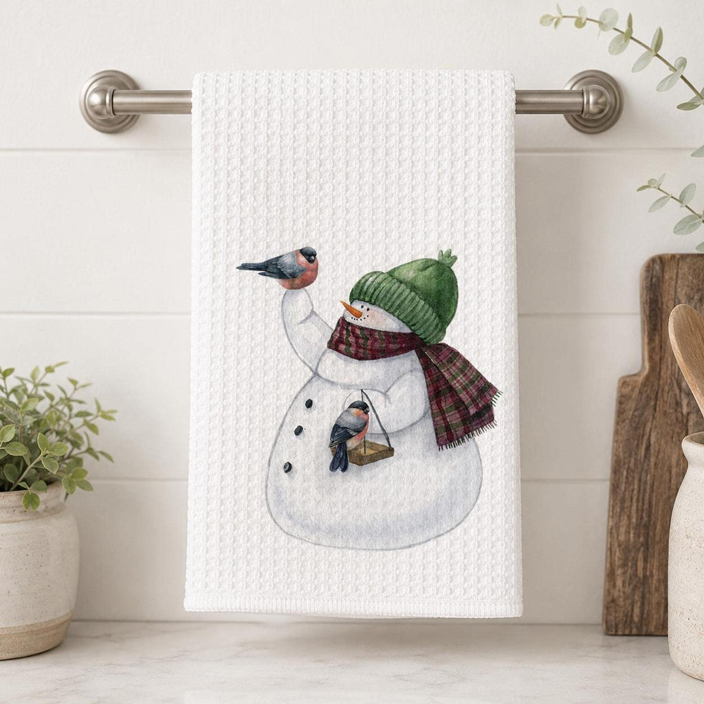 Snowman Kitchen Towel, Winter Bird Decor, Waffle Weave Dish Towel, Christmas Accent