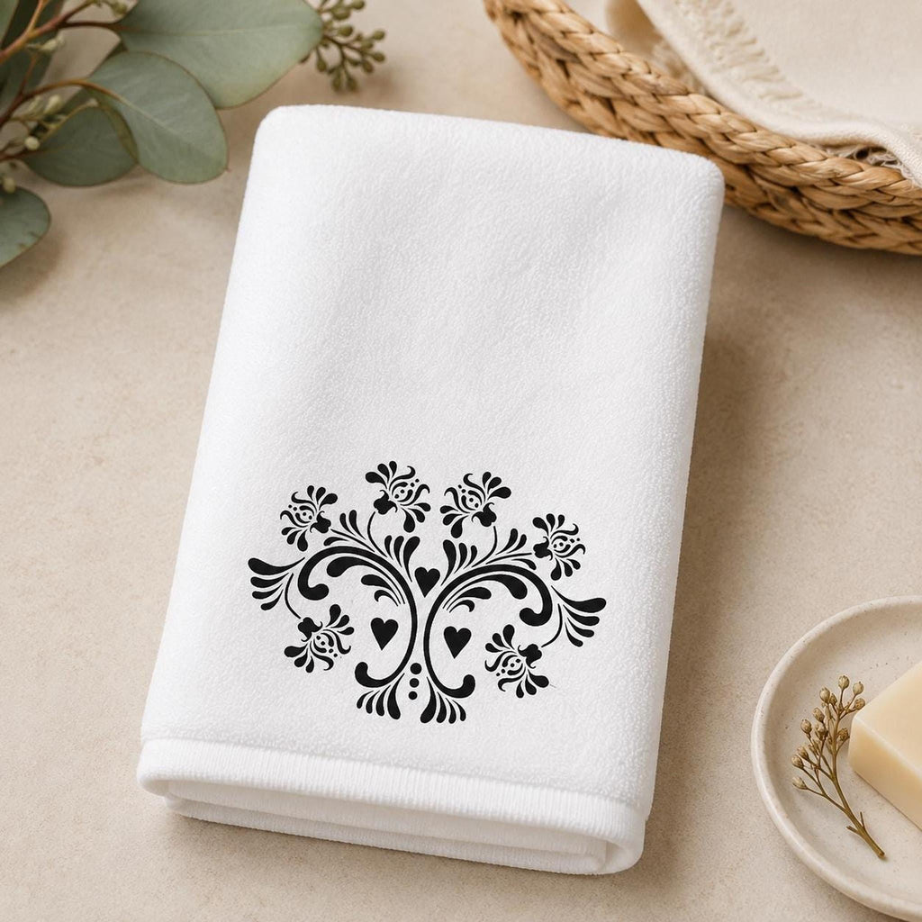 Fingertip Towel, Black Floral Print on White, 11 x 18 Inch