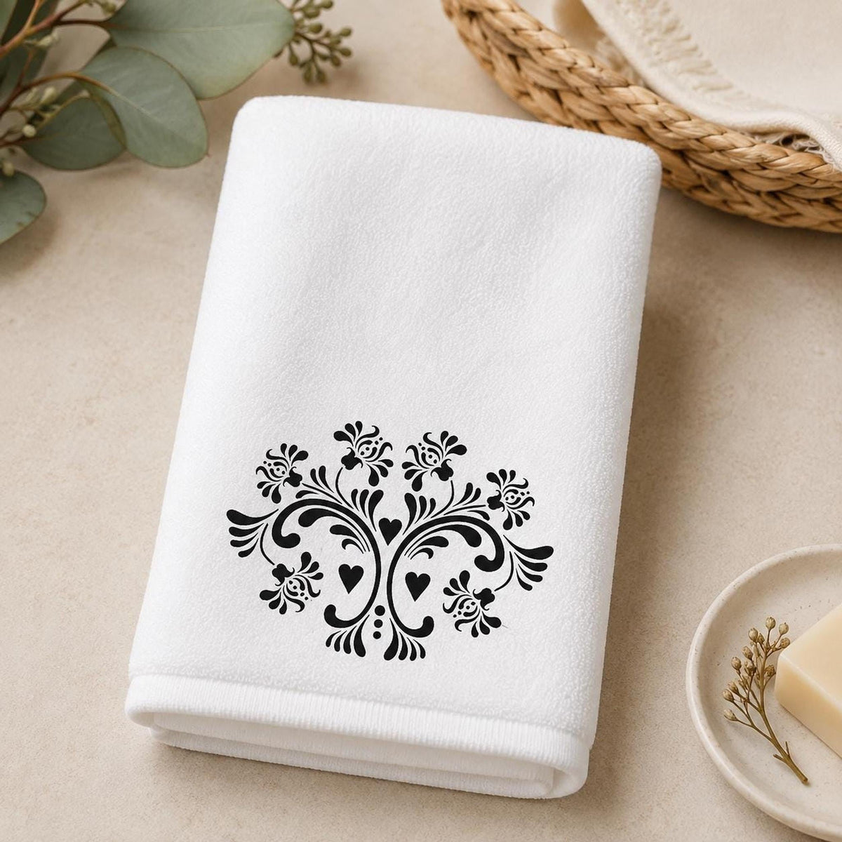 Fingertip Towel, Black Floral Print on White, 11 x 18 Inch