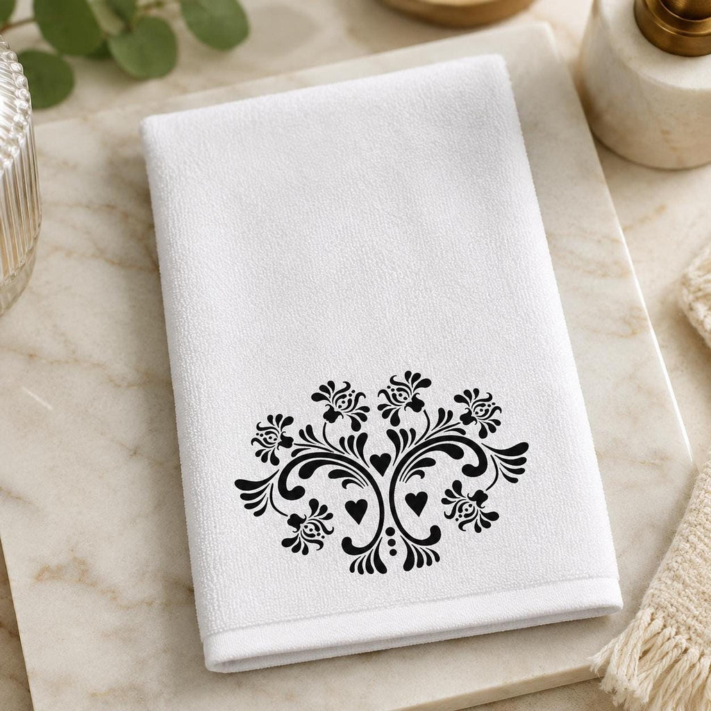 Fingertip Towel, Black Floral Print on White, 11 x 18 Inch