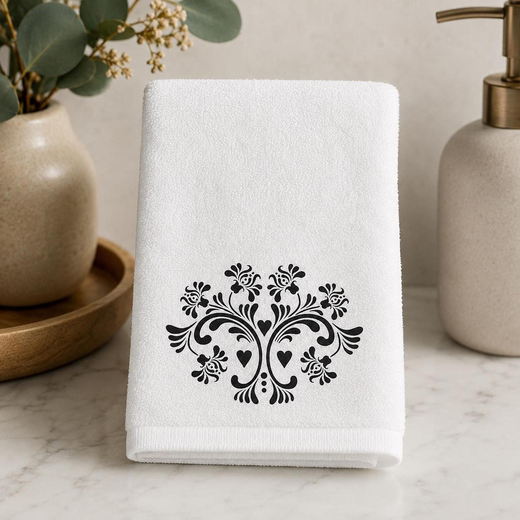 Fingertip Towel, Black Floral Print on White, 11 x 18 Inch