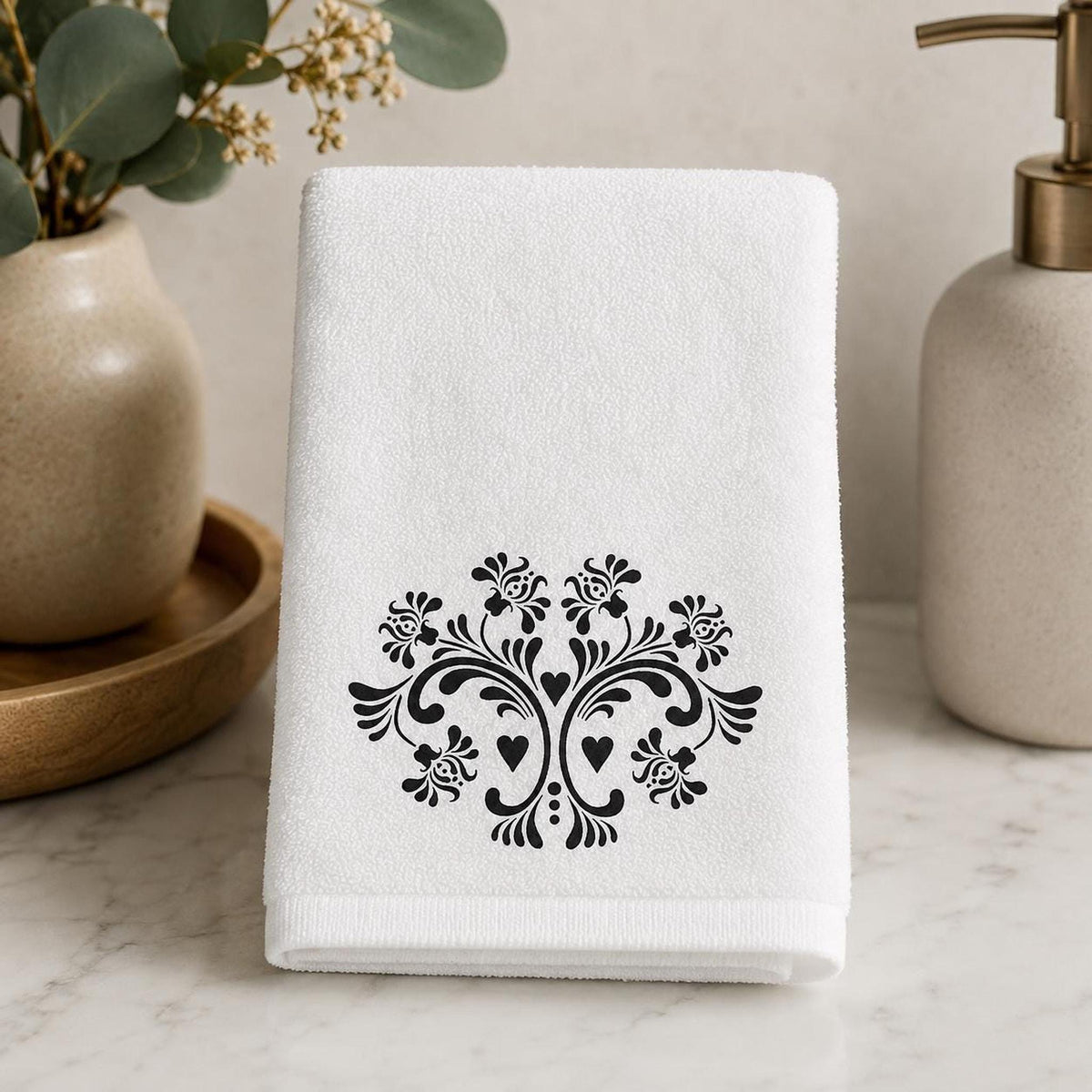 Fingertip Towel, Black Floral Print on White, 11 x 18 Inch