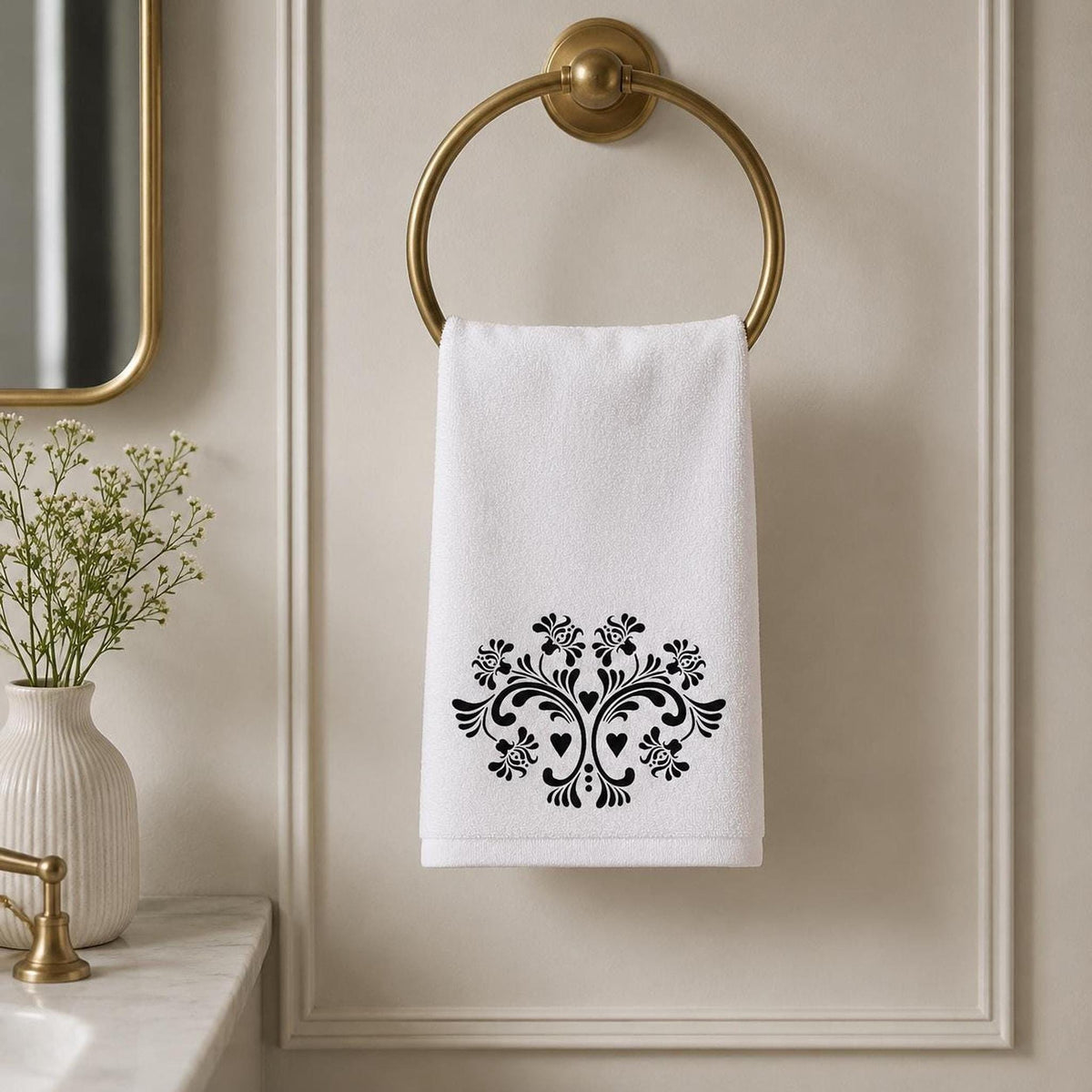 Fingertip Towel, Black Floral Print on White, 11 x 18 Inch