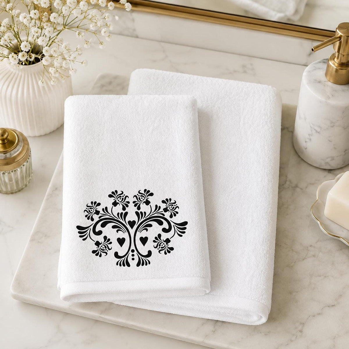 Fingertip Towel, Black Floral Print on White, 11 x 18 Inch