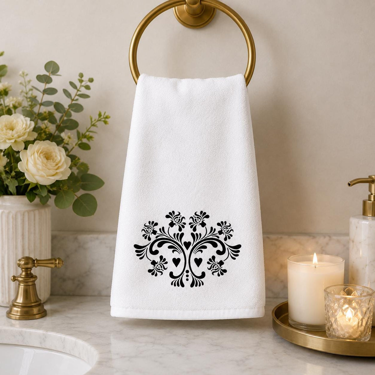Elegant Damask Hand Towel, Black and White Bathroom Decor with Chic Design