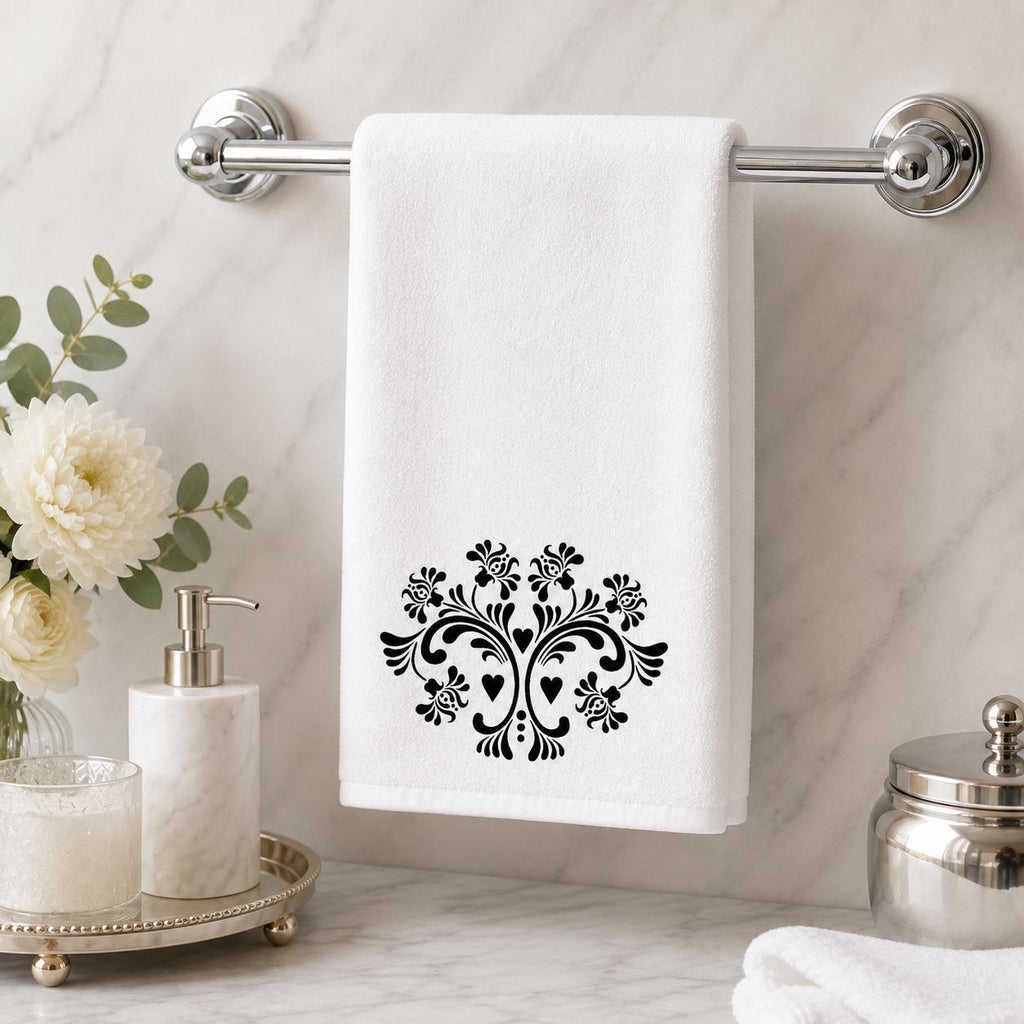 Elegant Damask Hand Towel, Black and White Bathroom Decor with Chic Design