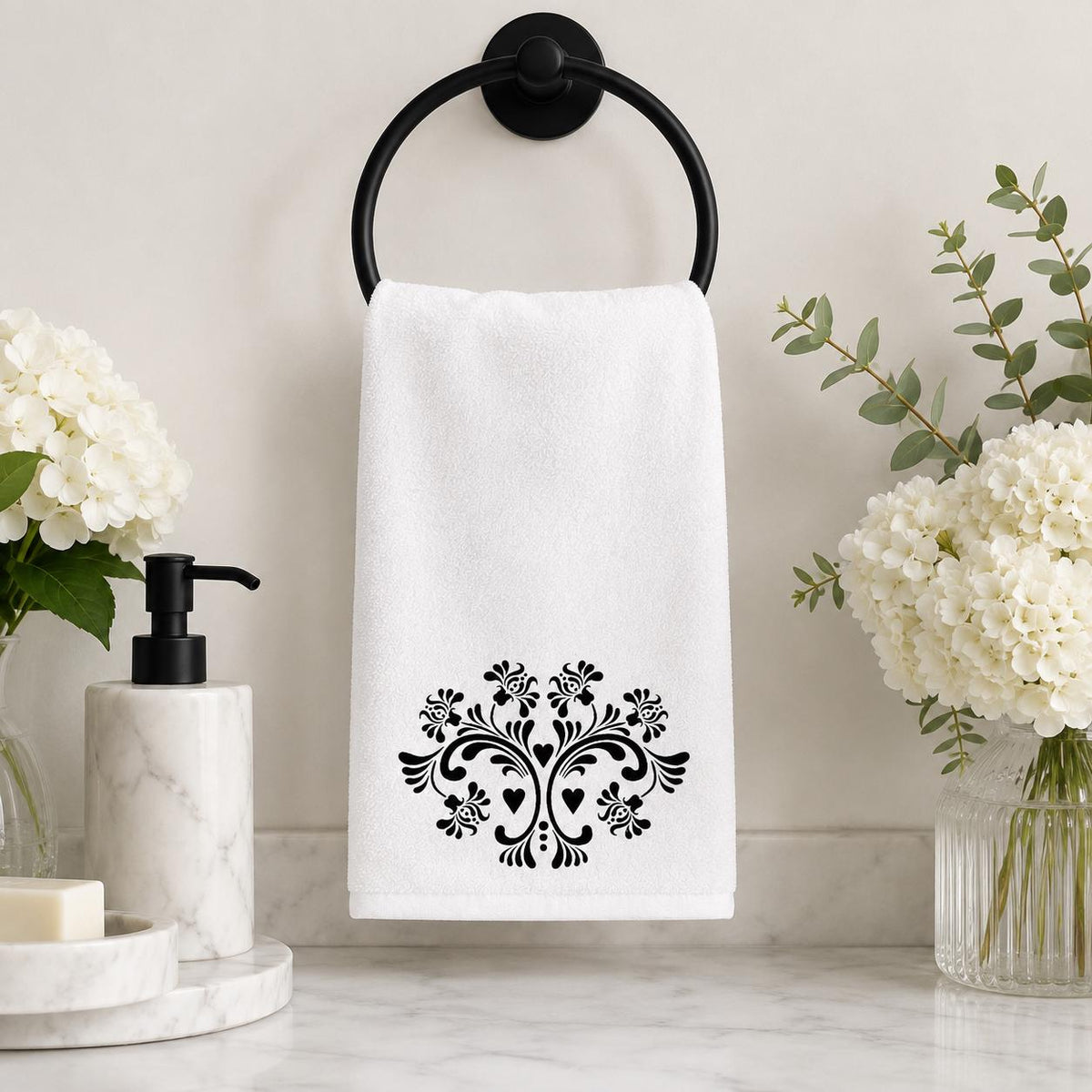 Elegant Damask Hand Towel, Black and White Bathroom Decor with Chic Design