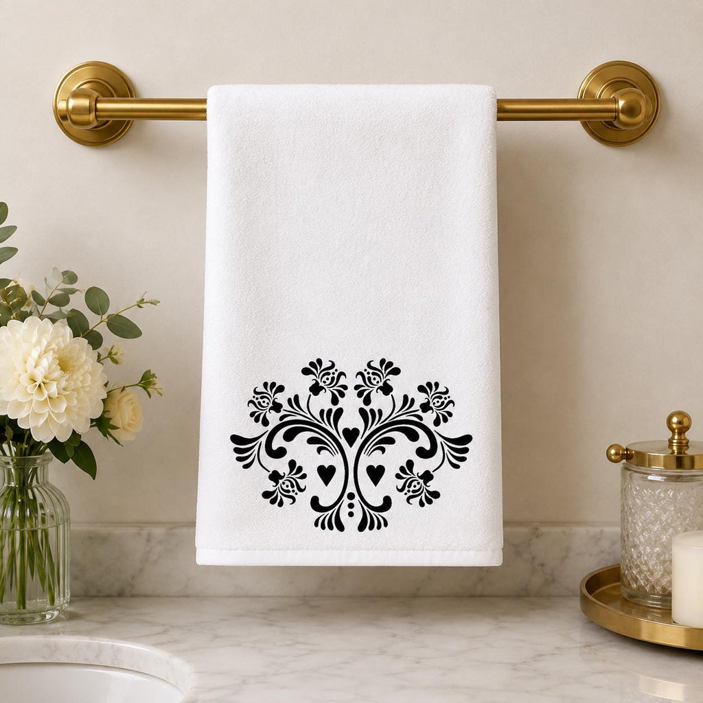 Elegant Damask Hand Towel, Black and White Bathroom Decor with Chic Design