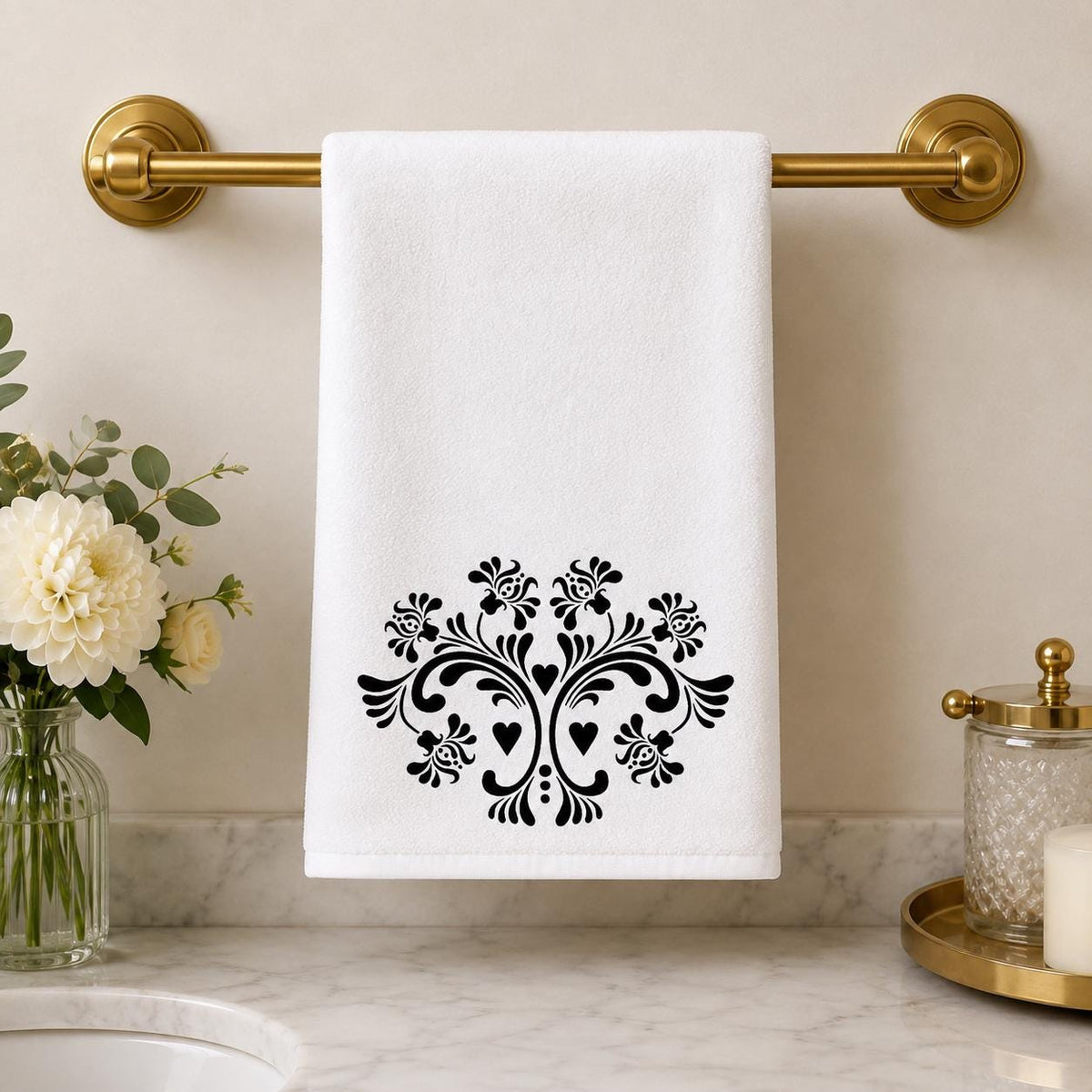 Elegant Damask Hand Towel, Black and White Bathroom Decor with Chic Design