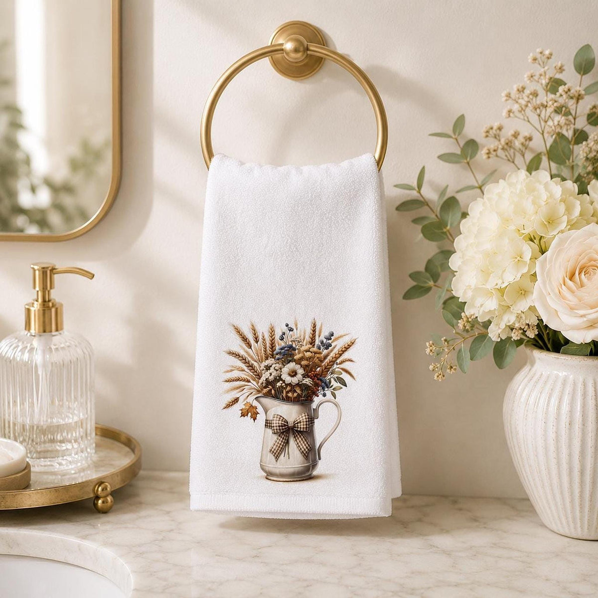 Fall Wheat Hand Towel, Farmhouse Floral Bathroom Decor, Vintage Pitcher Guest Bath Accent