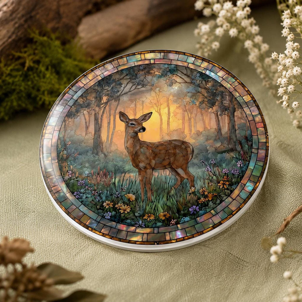 Deer Ceramic Coaster, Woodland Stained Glass Decor, Forest Wildlife Gift, Nature Home Accent
