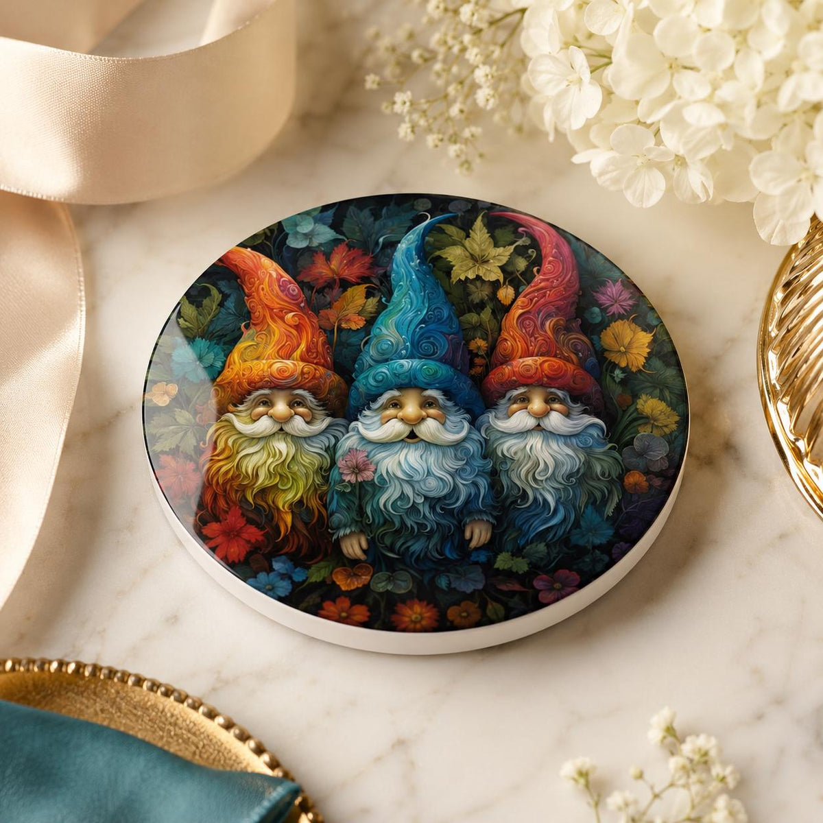 Colorful Garden Gnome Ceramic Coaster, Whimsical Floral Drink Holder, Cottagecore Gift