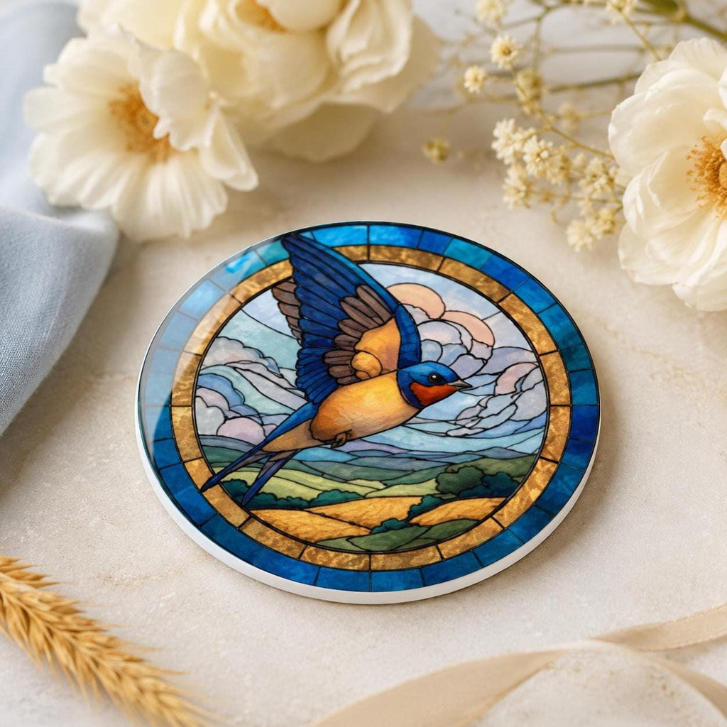 Ceramic Coaster With Swallow Bird Art, Blue Gold Stained-Glass-Inspired Design