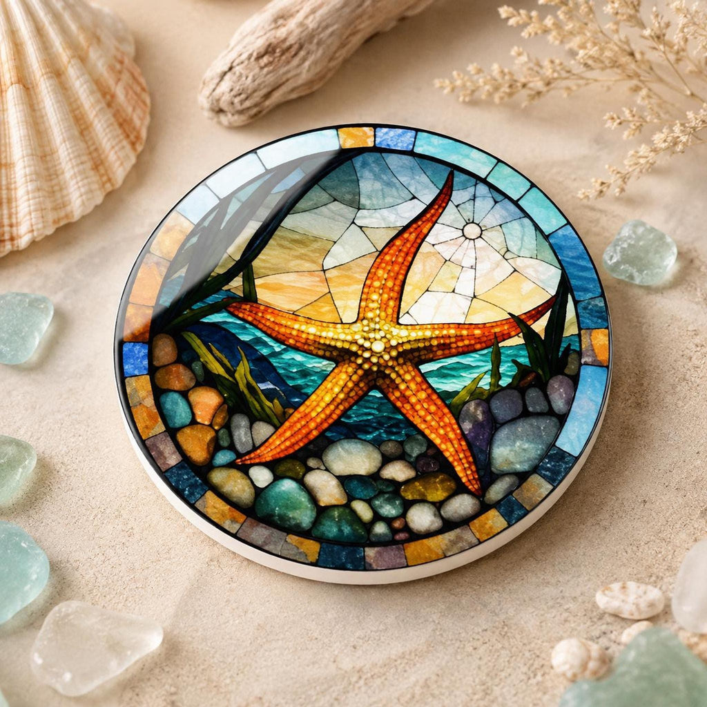 Starfish Ceramic Coaster, Stained Glass Coastal Decor, Ocean Lover Gift, Beach House Accent